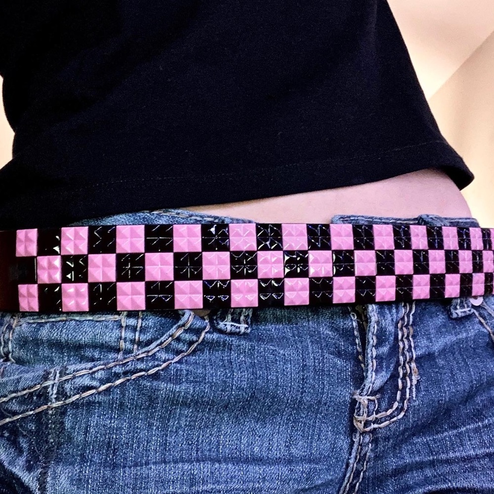 Pink and black checkered studded belt